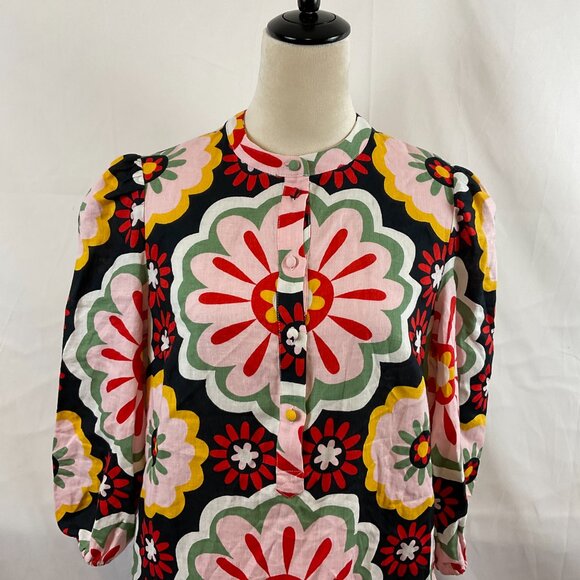 Boden Midi-Maxi Dress US 6 Black Pink Red Yellow Green Floral Mandarin Collar - Picture 2 of 13